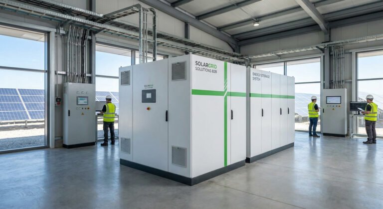 Commercial solar hybrid inverter and BESS hardware installation in a modern renewable energy facility