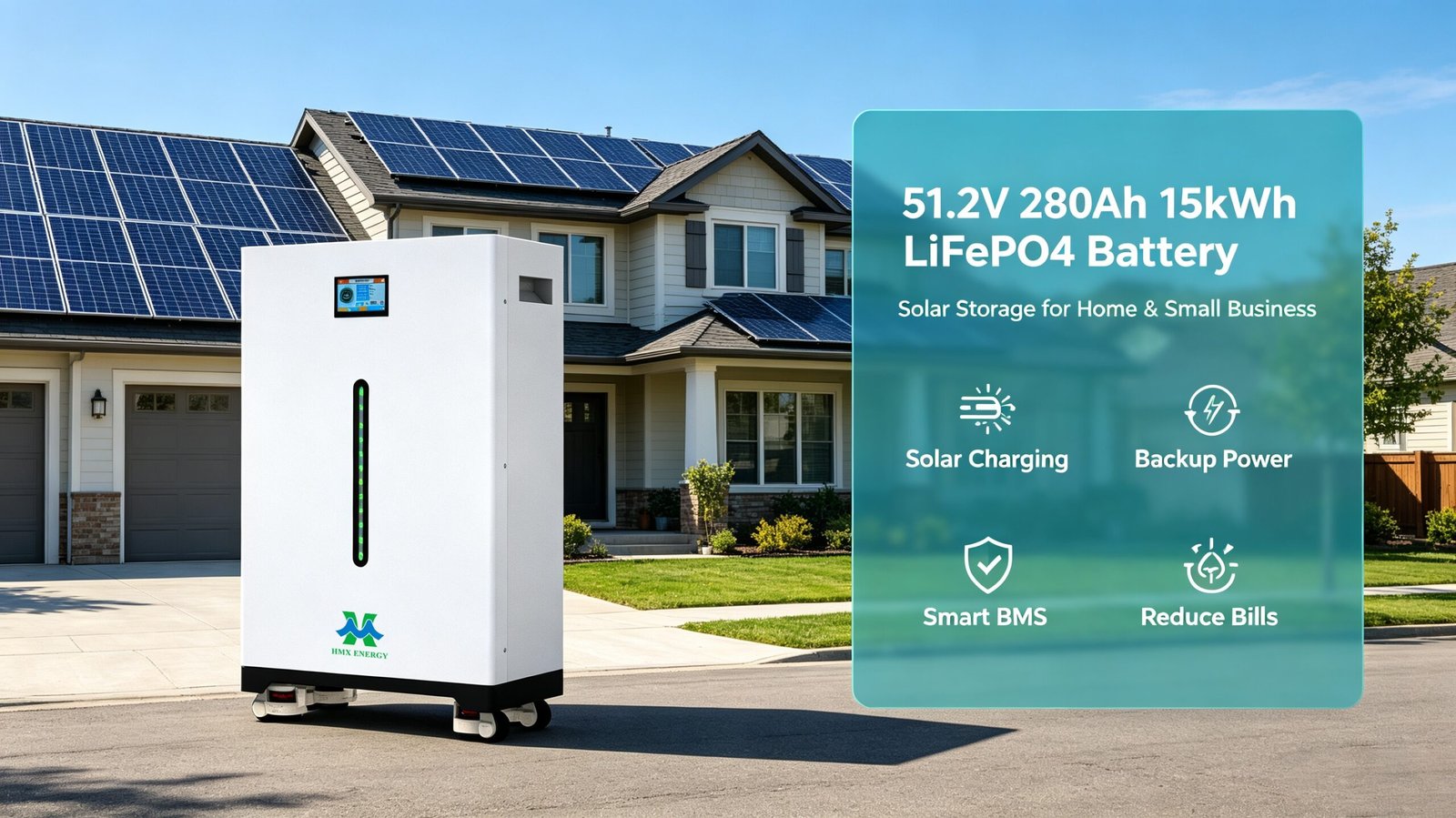 51.2V 280Ah 14.3kWh wall mounted LiFePO4 home solar energy storage battery