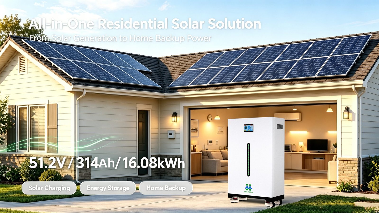 51.2V 314Ah 16.08kWh wall mounted LiFePO4 home solar energy storage battery