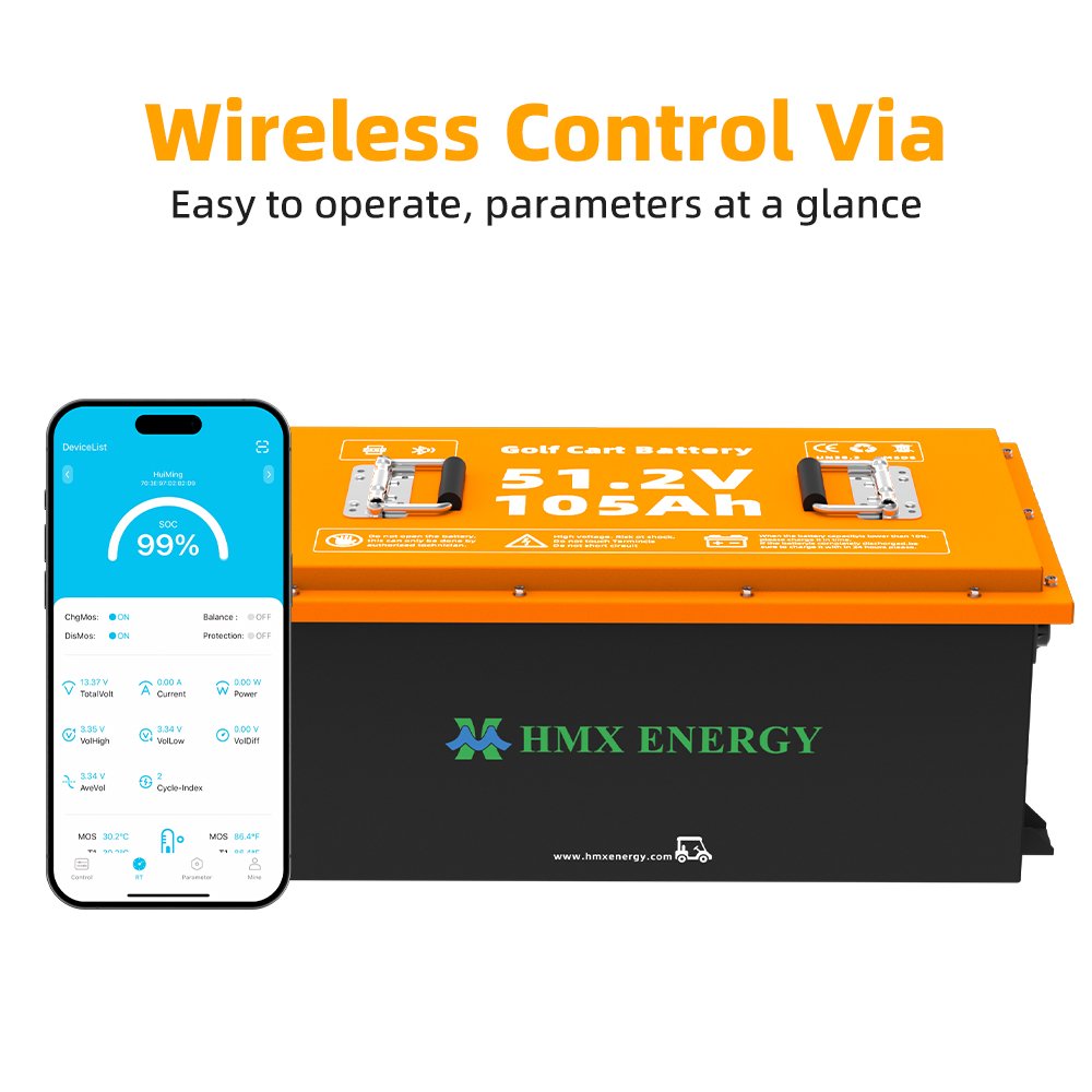 51,2V 105Ah HMX Energy Golfwagen-LiFePO4-Batterie mit drahtloser Bluetooth-App-Überwachungsanzeige