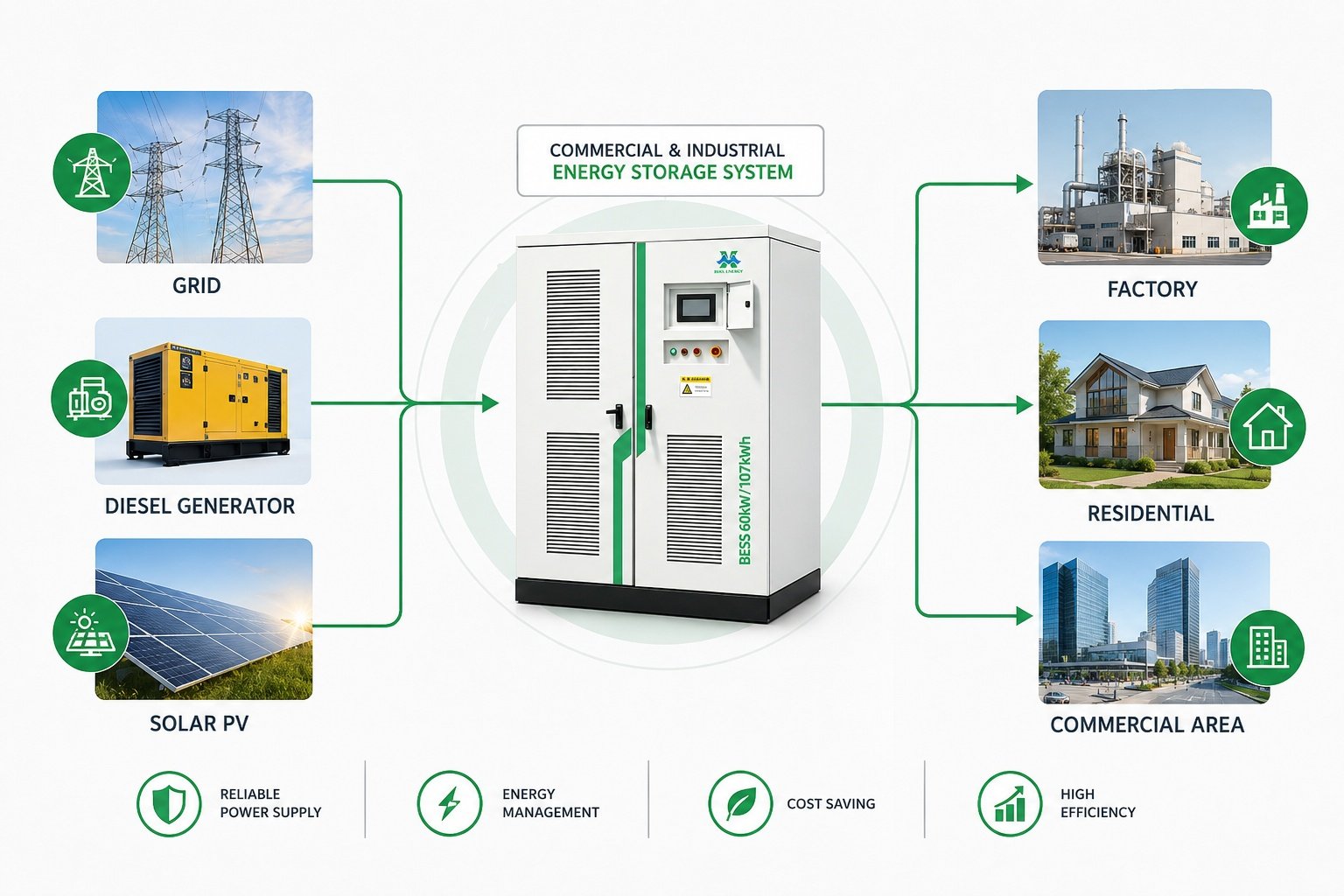 60kw 107kwh ESS system working principle diagram PV PCS battery load energy flow chart