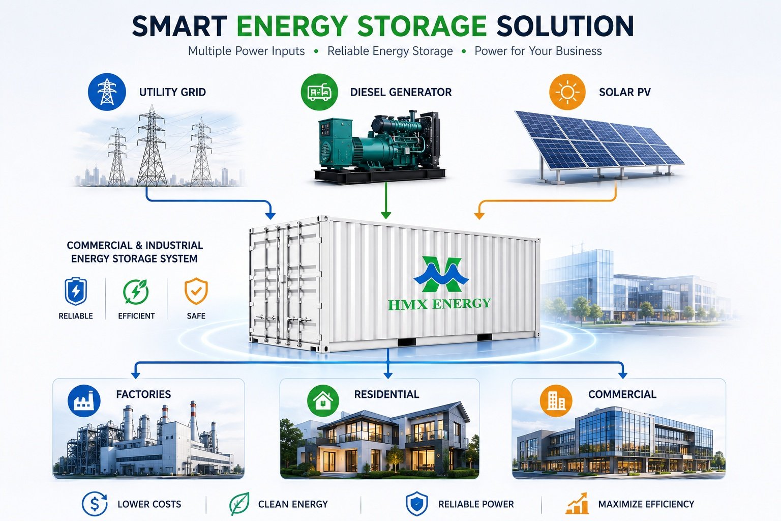 C&I ESS system working principle diagram PV PCS battery load energy flow chart