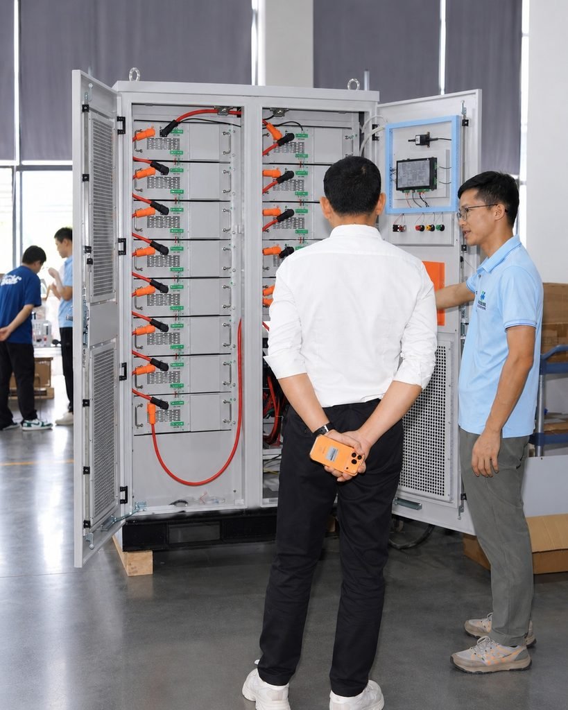 Cambodian partner inspecting HMX ENERGY battery storage modules