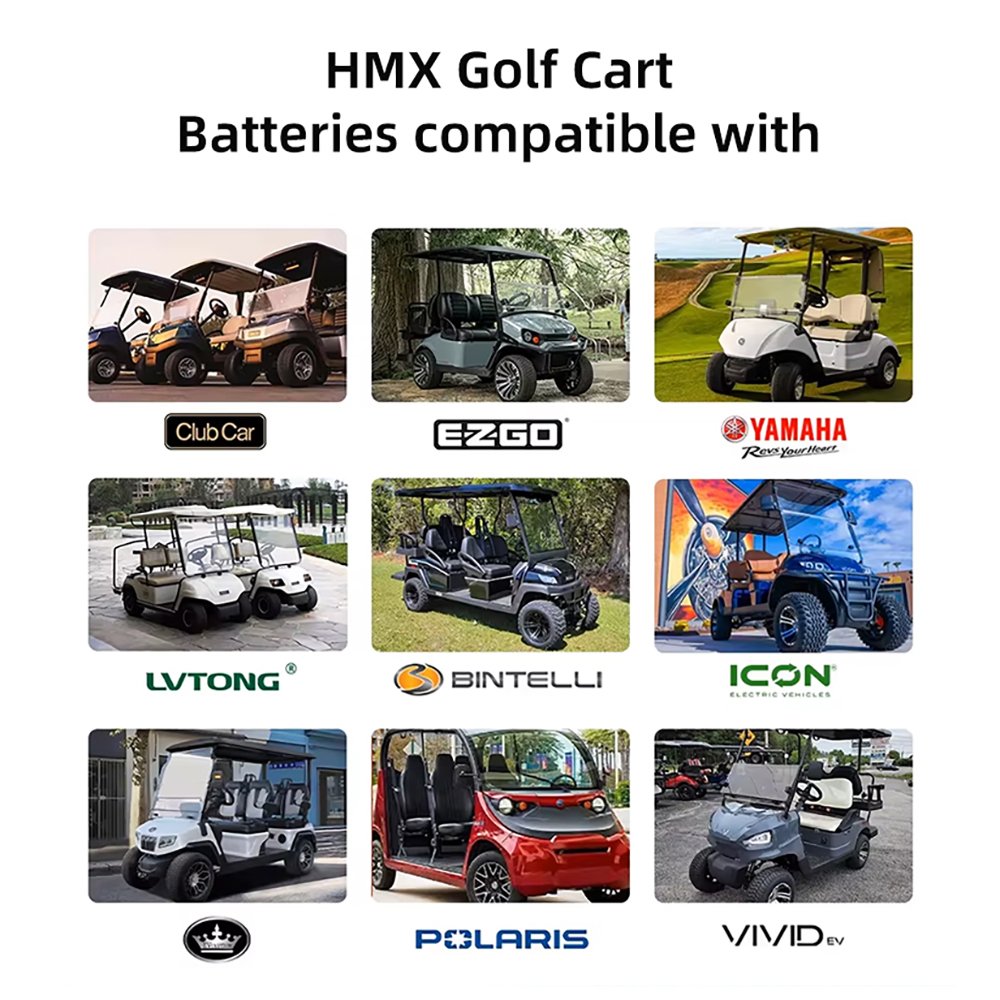 Marcas compatíveis com a bateria HMX para carrinho de golfe: Club Car, EZGO, Yamaha, LVTONG, Bintelli, ICON, Polaris, Vivid EV