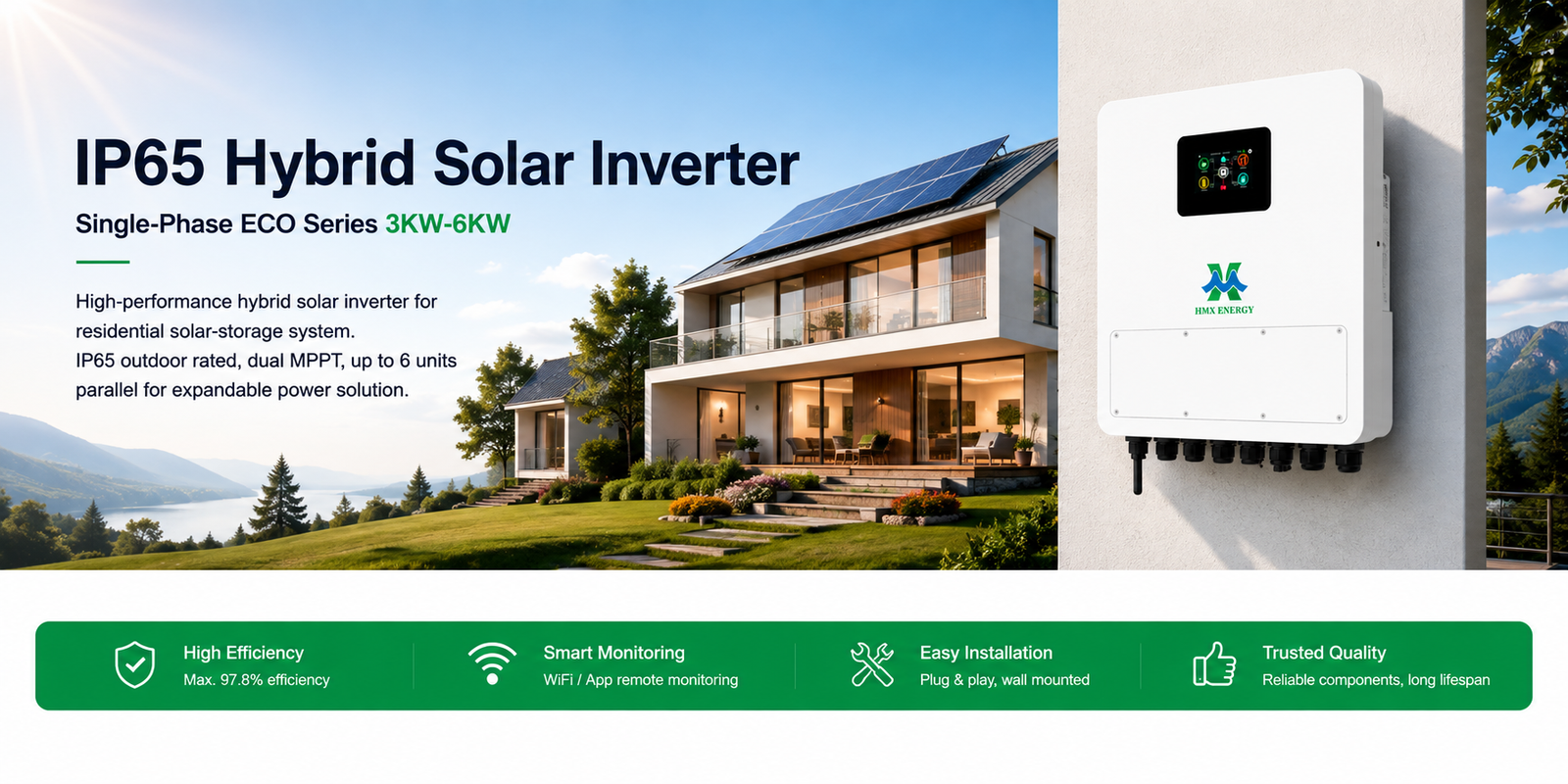 محول شمسي هجين HMX‑ENERGY IP65 بقدرة 3‑6kW لنظام تخزين الطاقة المنزلية