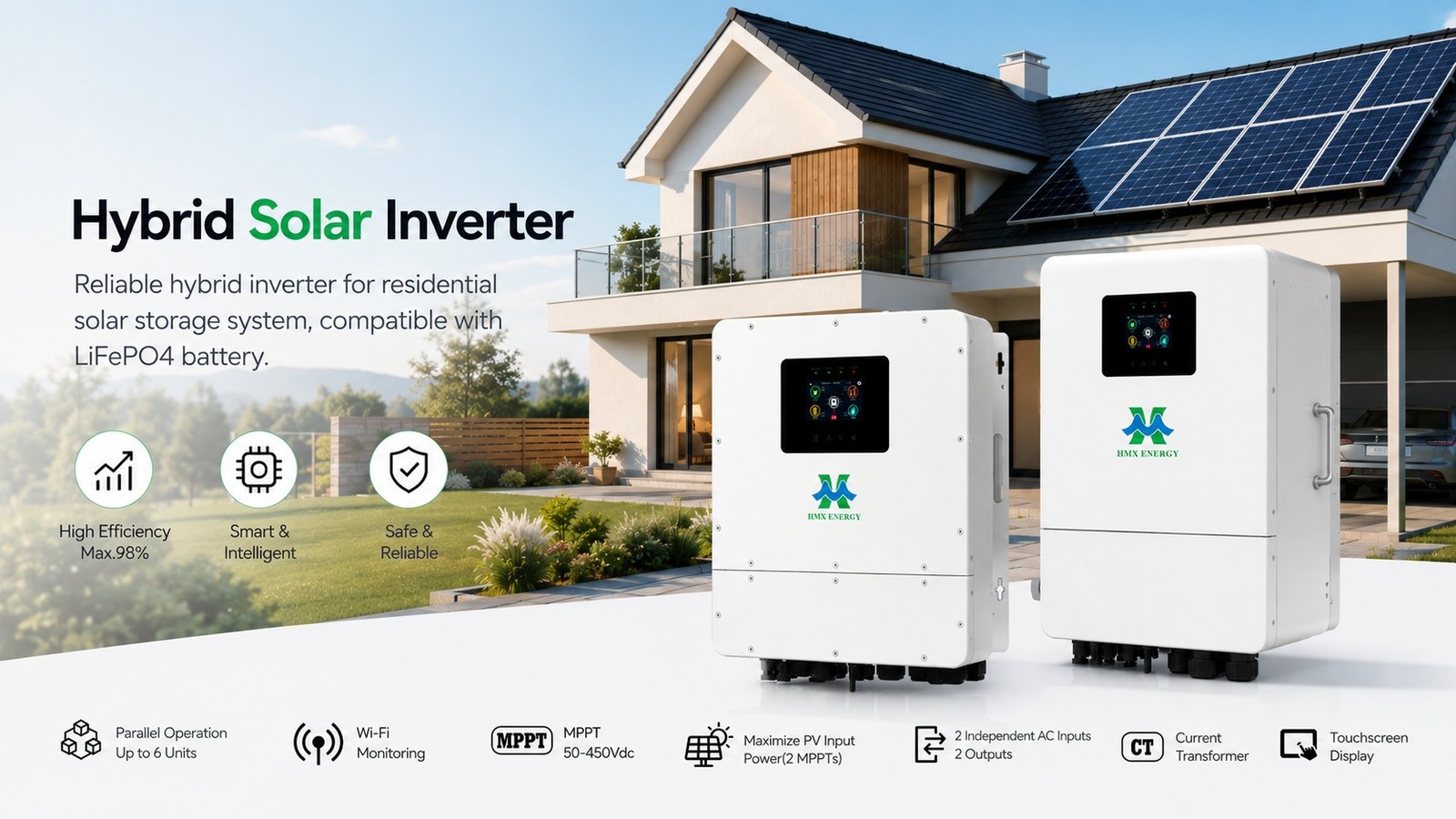 عاكس شمسي هجين HMX‑ENERGY بنظام تخزين شمسي سكني خارجي مثبّت على الحائط مع شاشة لمس ملوّنة