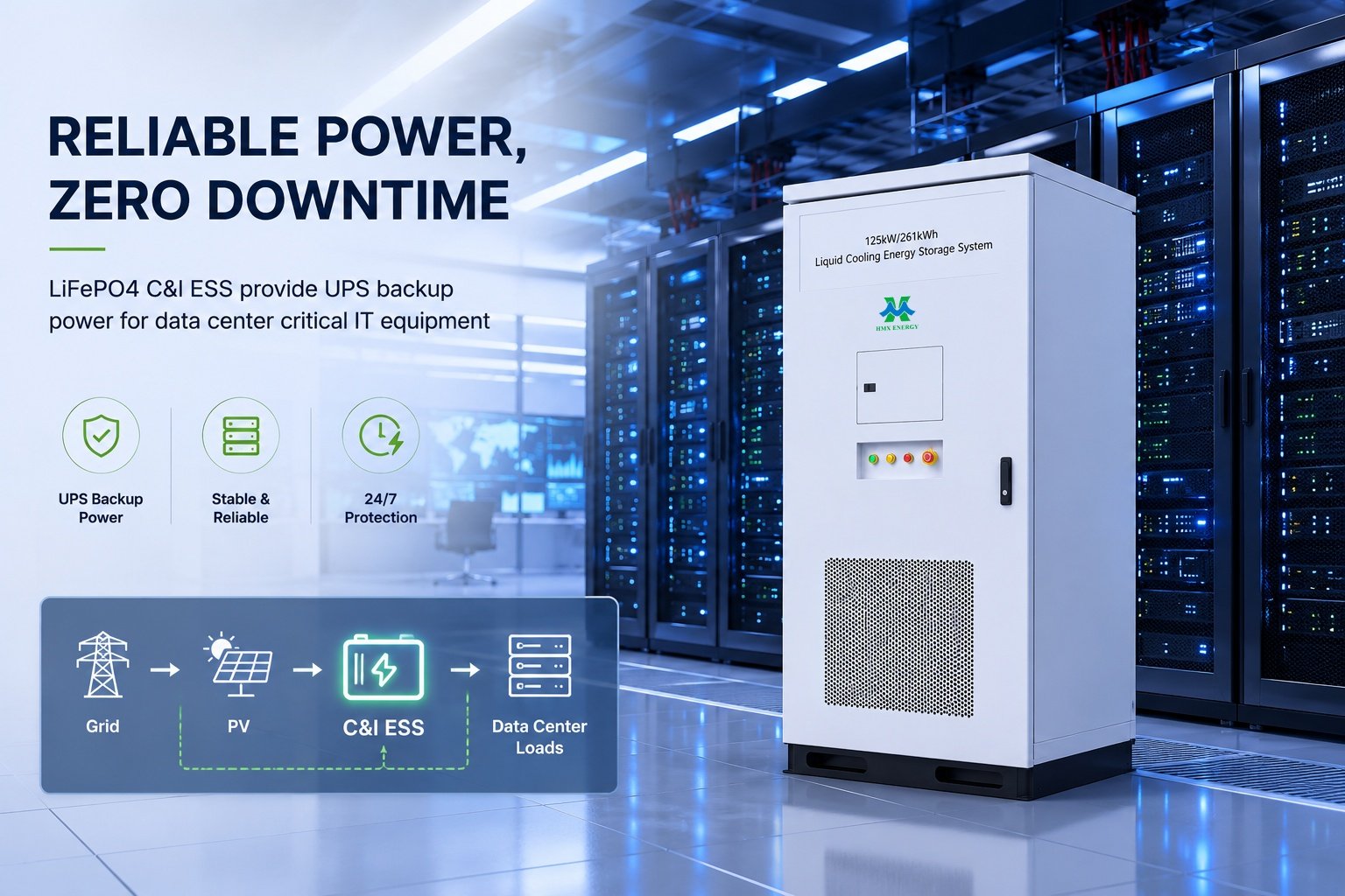 LiFePO4 C&I ESS provide UPS backup power for data center critical IT equipment
