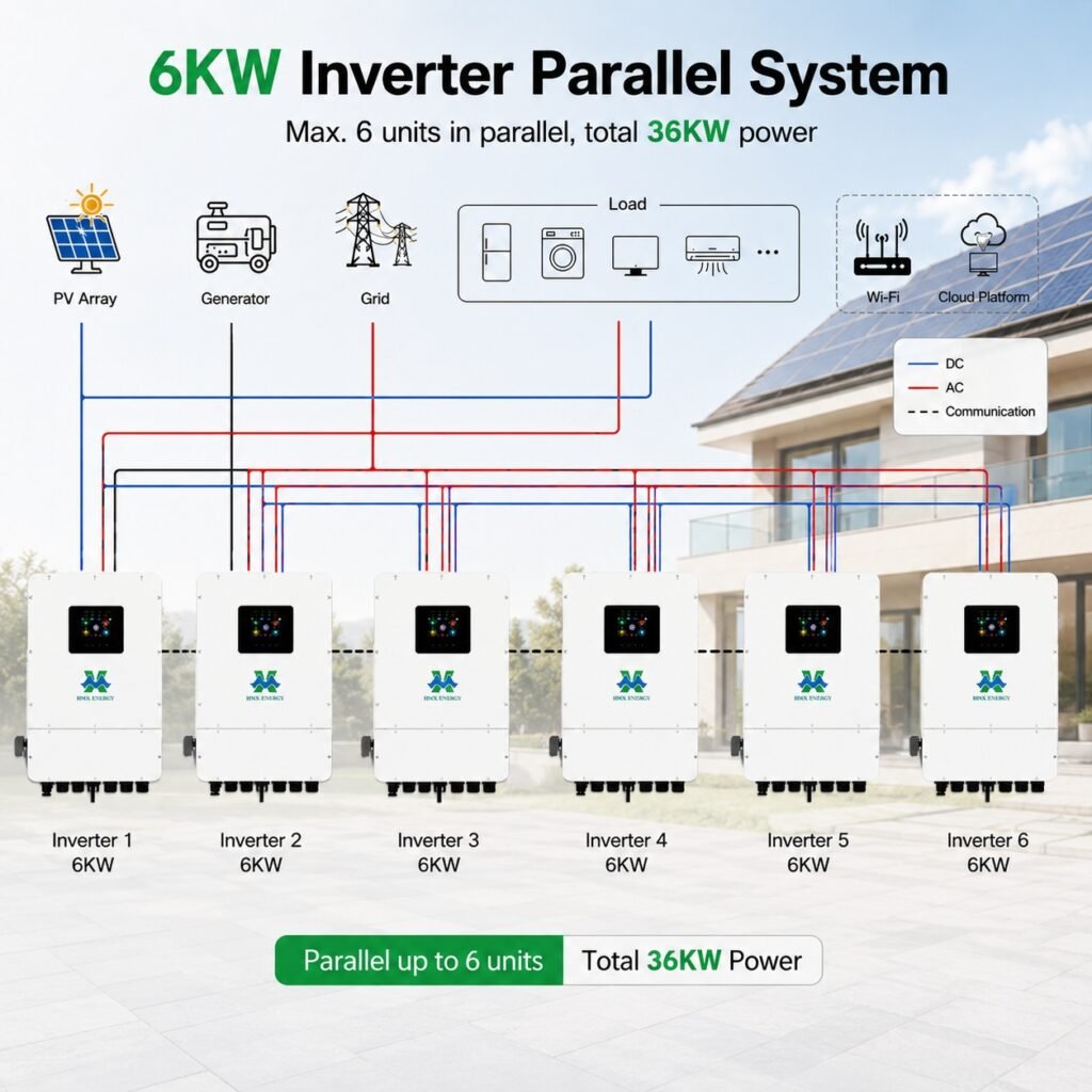 parallel solar inverter system: Multi‑units parallel wiring diagram of HMX‑ENERGY hybrid solar storage inverter