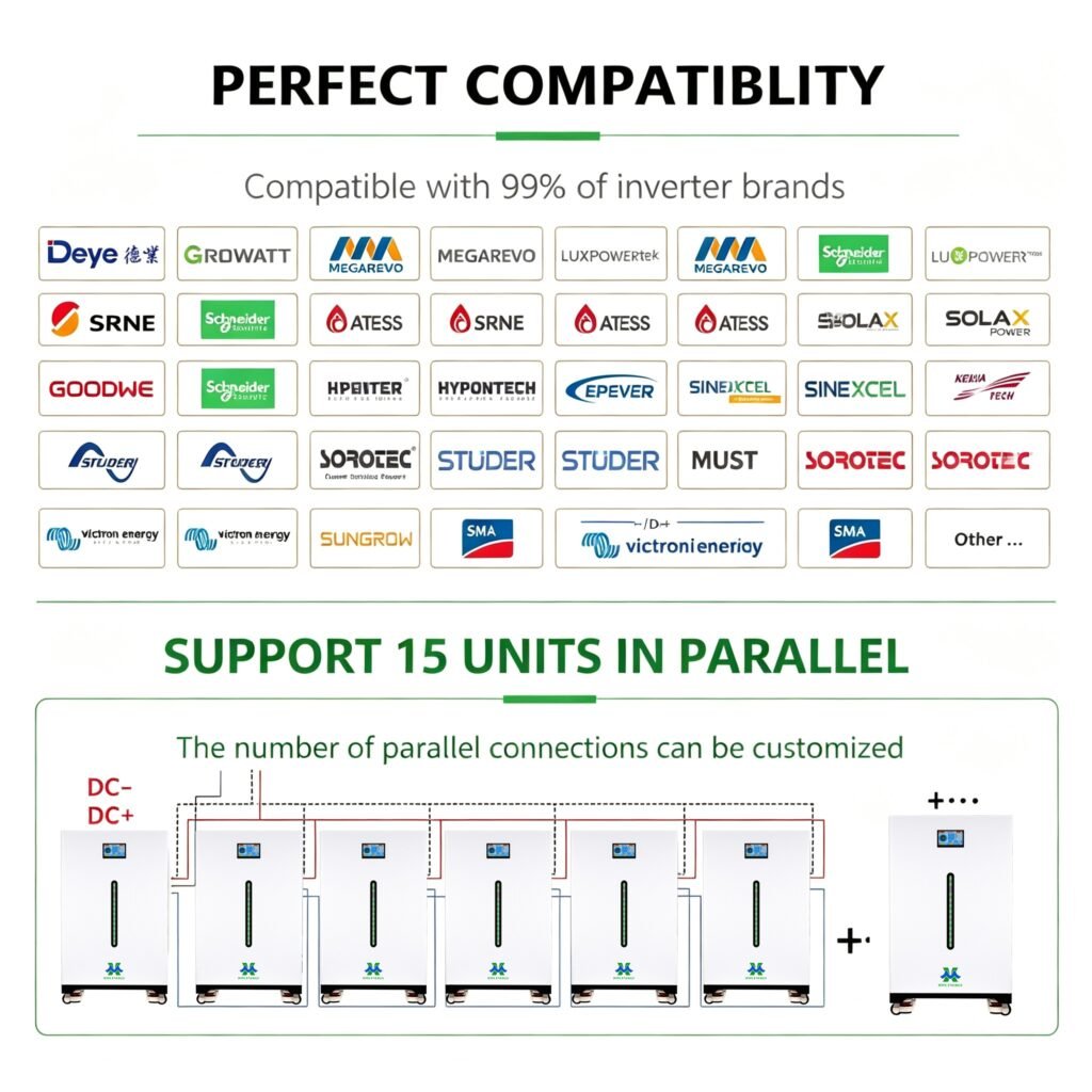 LiFePO4 batteries series vs parallel: Parallel expandable 51.2V 280Ah battery compatible with hybrid solar inverter