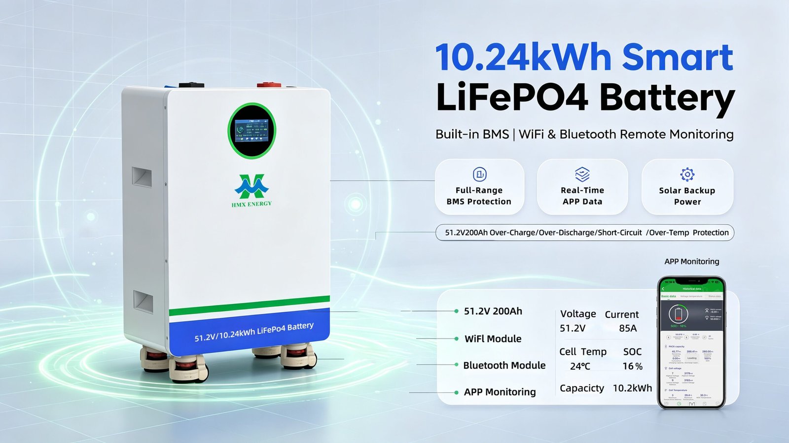 Smart BMS WIFI monitoring 51.2V LiFePO4 home battery system