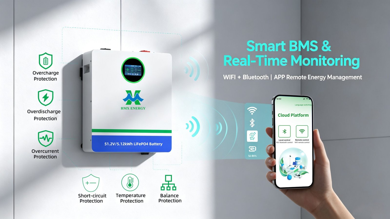 Smart BMS WIFI monitoring 51.2V LiFePO4 home battery system