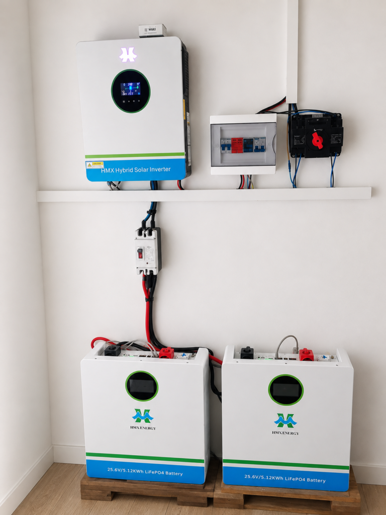 Sistema residencial híbrido de almacenamiento solar con batería, solución integral de respaldo de energía para el hogar, vista en ángulo