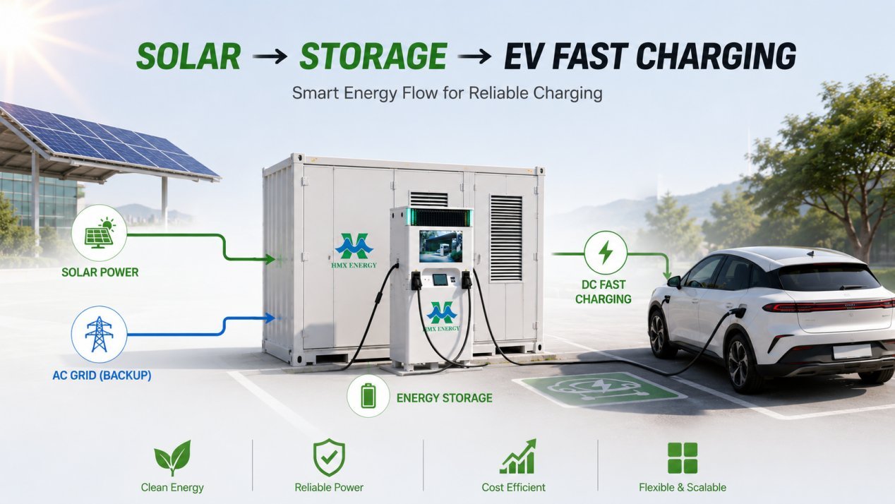 Solar power to energy storage to EV fast charging